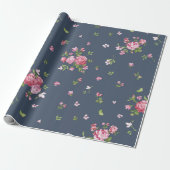  roze rozen Floral Pattern Blue Cadeaupapier (Uitgerold)