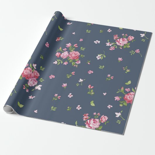  roze rozen Floral Pattern Blue Cadeaupapier (Uitgerold)