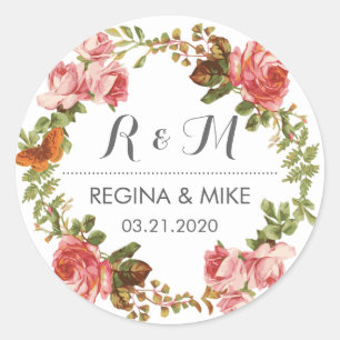 Roze rozen Floral Wreath Monogram Spring Wedding Ronde Sticker