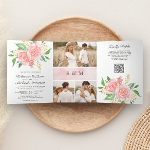 Roze Rozen Foto Collage QR Code Trouwen Drieluik Uitnodiging