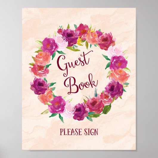 Roze Rozen Gastboek Huwelijksaffiche Print (Voorkant)