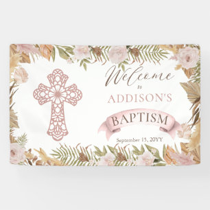 Roze rozen  Gedroogde grassen "Floral Girl Baptism Spandoek