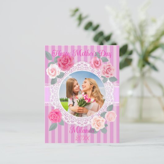 Roze Rozen Gelukkige Moederdag Briefkaart (Staand voorkant)