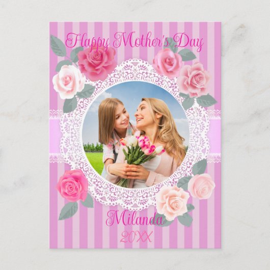 Roze Rozen Gelukkige Moederdag Briefkaart (Voorkant)