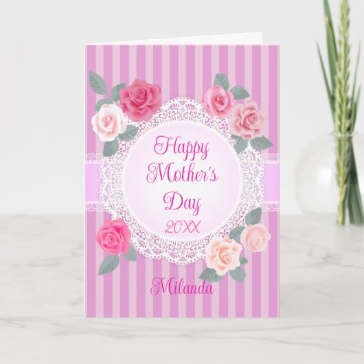 Roze Rozen Gelukkige Moederdag Kaart (Voorkant)