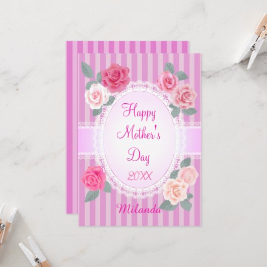 Roze rozen Gelukkige Moederdag Kaart (Voorkant / Achterkant in situ)