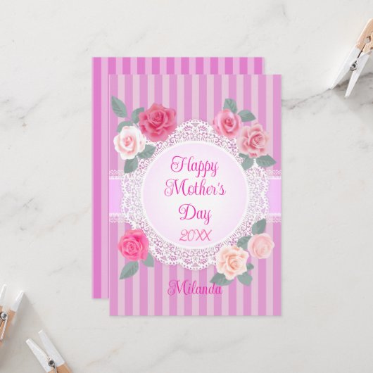 Roze rozen Gelukkige Moederdag Kaart (Voorkant / Achterkant in situ)