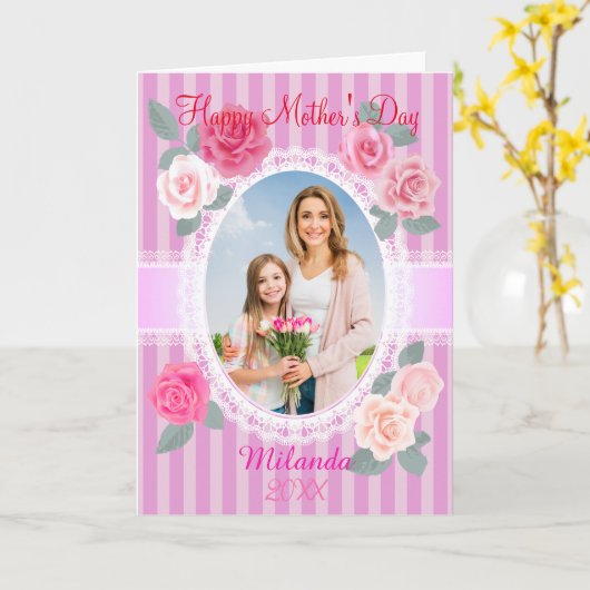 Roze rozen Gelukkige Moederdag Kaart (Gele Bloem)