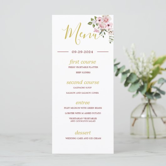 Roze rozen Gold Elegant Summer Monogram Menu (Staand voorkant)