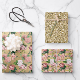 Roze Rozen Goud Glam Glans Inpakpapier Vel