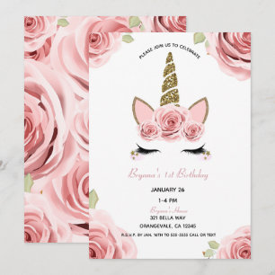 Roze Rozen Gouden Glitter Eenhoorn Bloemrijke Verj Kaart