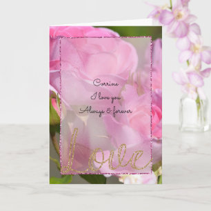 Roze rozen gouden glitter liefde kaart