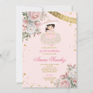 Roze Rozen Gouden Glitter Spaans Meisje Quinceañer Kaart