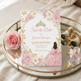 Roze Rozen Gouden Quinceañera Save the Date