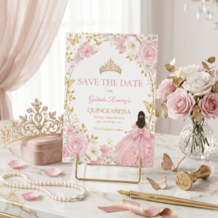 Roze Rozen Gouden Quinceañera Save the Date