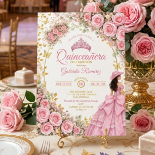 Roze Rozen Gouden Vlinder Westerse Quinceañera Kaart