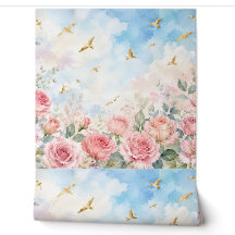 Roze Rozen & Gouden Vogels Waterverf Bloemstuk