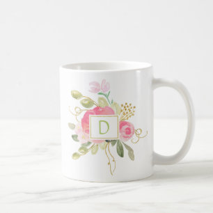 Roze rozen gouden vonken groene bladeren monogram koffiemok