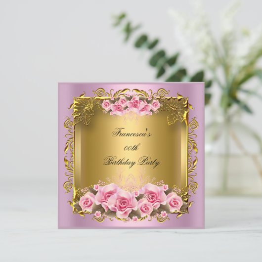 roze rozen goudfeest kaart (Staand voorkant)