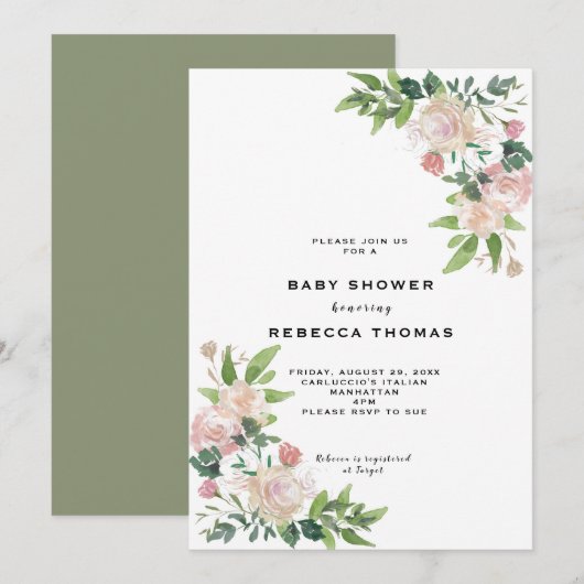 Roze rozen groen baby shower uitnodiging (Voorkant / Achterkant)