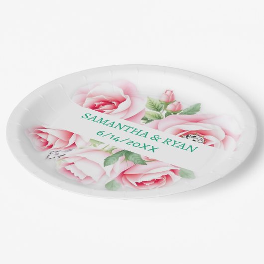 Roze Rozen & Groene Bladeren Huwelijk Gepersonalis Papieren Bordje (Gekanteld)