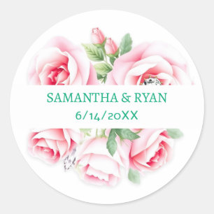 Roze Rozen & Groene Bladeren Huwelijk Gepersonalis Ronde Sticker