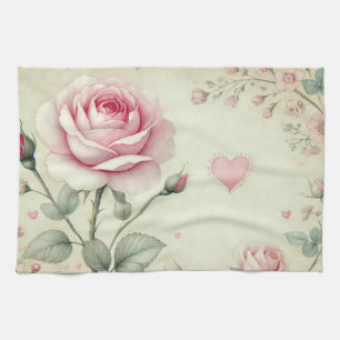 Roze rozen hart bloemige  pastel waterverf theedoek