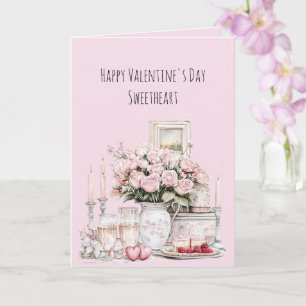 Roze rozen harten kaarsen romantische liefde kaart