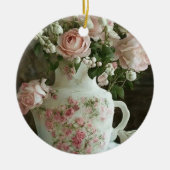 Roze Rozen in Antiek China Theepot Keramisch Ornament (Voorkant)