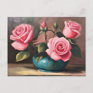 Roze rozen in blauwe vaas illustratie van stilleve briefkaart