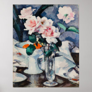 Roze rozen in glazen vaas, beroemd schilderij poster