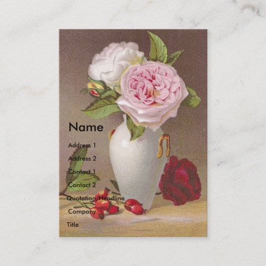 Roze rozen in White Vase Victoriaans Trade Card Visitekaartje (Voorkant)