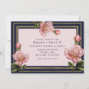 Roze rozen marineblauw en gouden moderne Sweet 16- Kaart