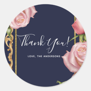 Roze rozen marineblauw & goud modern elegant favor ronde sticker