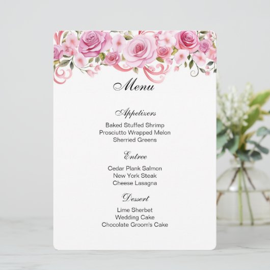 Roze Rozen Menu Kaart (Staand voorkant)