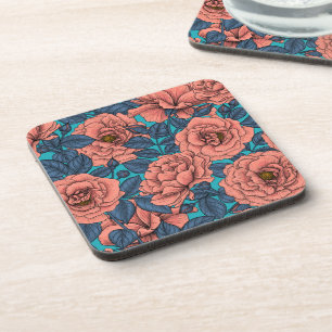 Roze rozen met blauwe bladeren op blauw bier onderzetter