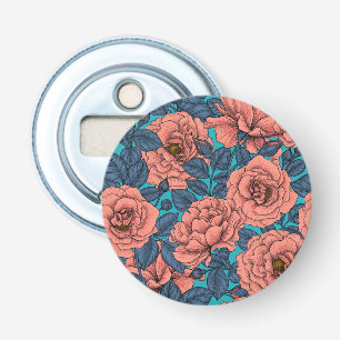 Roze rozen met blauwe bladeren op blauw button flesopener