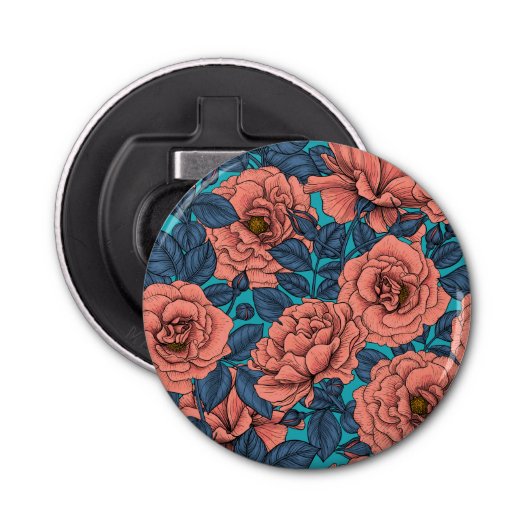 Roze rozen met blauwe bladeren op blauw button flesopener (Voorkant)