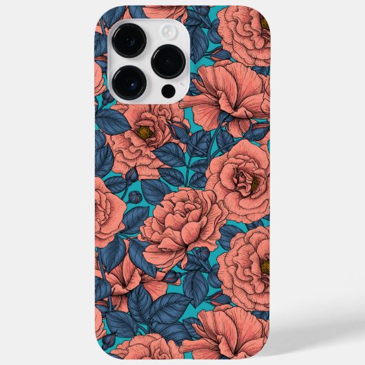 Roze rozen met blauwe bladeren op blauw Case-Mate iPhone case (Achterkant)