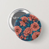 Roze rozen met blauwe bladeren op blauw ronde button 5,7 cm (Voorkant /achterkant)