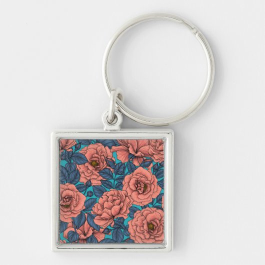 Roze rozen met blauwe bladeren op blauw sleutelhanger (Voorkant)