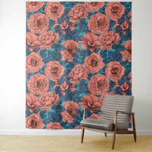 Roze rozen met blauwe bladeren op blauw wandkleed