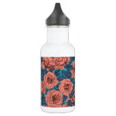 Roze rozen met blauwe bladeren op blauw waterfles (Links)