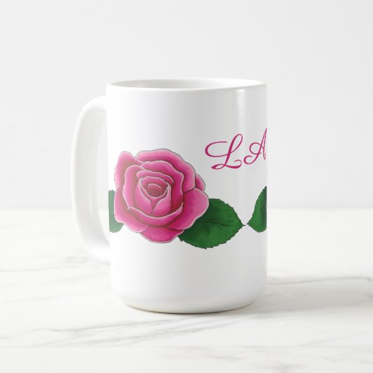 Roze rozen met gebogen initialen gepersonaliseerd  koffiemok (Voorkant links)