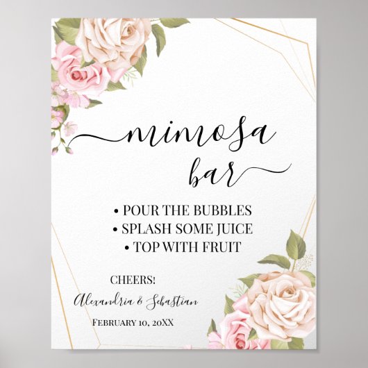 Roze rozen Mimosa Bar Bruiloftsfeest bord Poster (Voorkant)