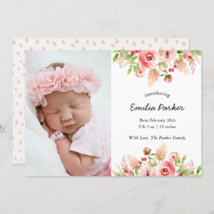 Roze rozen   Modern Elegant Floral Photo Birth Aankondiging