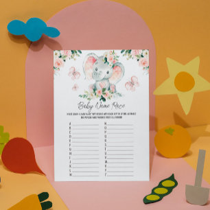 Roze Rozen Olifant Baby Naam Race Baby shower Kaart