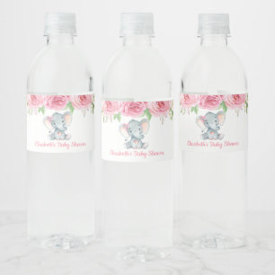 Roze Rozen Olifant Baby shower 1e Verjaardagsfeest Waterfles Etiket