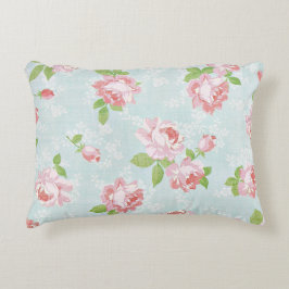 Roze Rozen op Blauw Katoen Land Decoratief Kussen