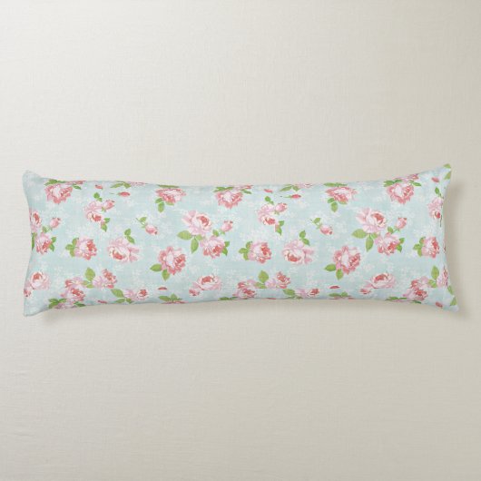 Roze Rozen op Blauw Land Body Kussen (Achterkant)
